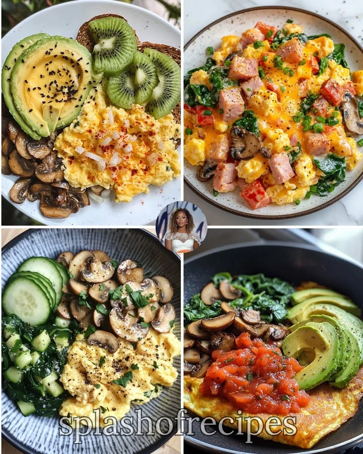 Scrambled eggs with mushrooms and avocado toast on a plate
