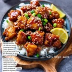Delicious sesame chicken served with sesame seeds and vegetables on a plate