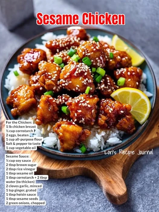 Delicious sesame chicken served with sesame seeds and vegetables on a plate