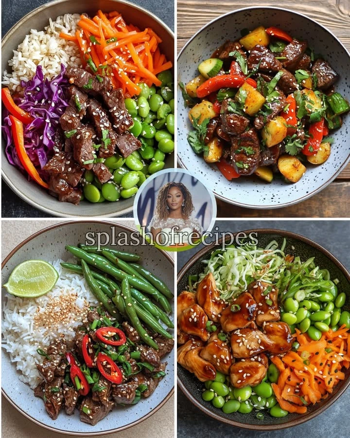 Sesame-Ginger Beef served with colorful Rainbow Slaw in a healthy bowl meal.