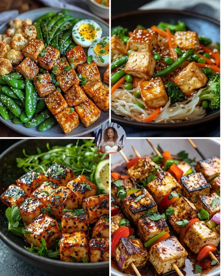 Serving of Sesame Ginger Tofu with roasted cauliflower on a plate