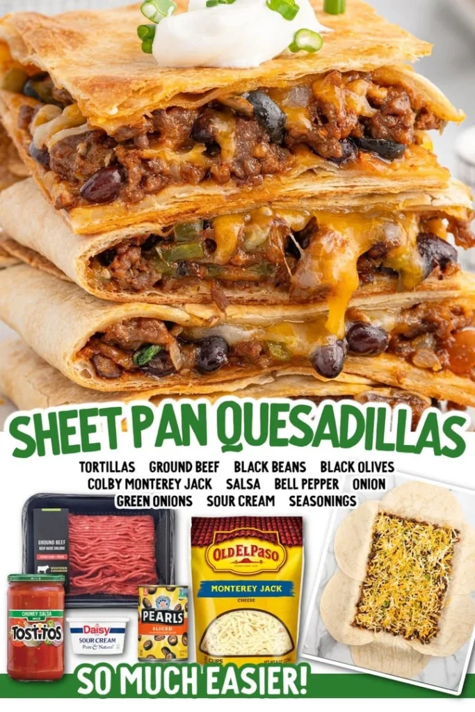 Delicious sheet pan quesadillas baked to perfection with melted cheese and veggies.