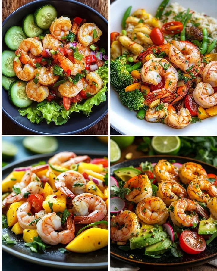 Shrimp rice bowl with succulent shrimp, rice, and colorful vegetables
