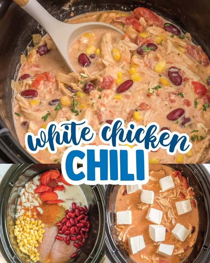 Bowl of slow cooker white chicken chili with toppings