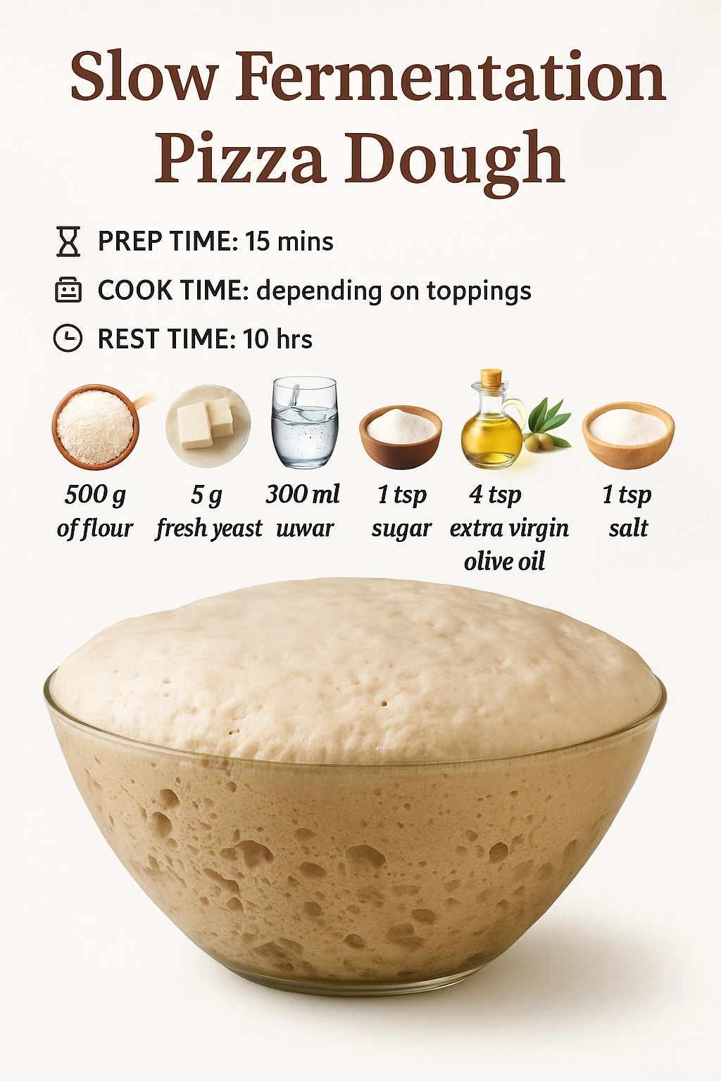 Homemade slow fermentation pizza dough ready for baking