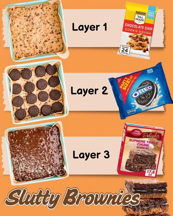 Delicious homemade slutty brownies with layers of cookie dough and brownie.