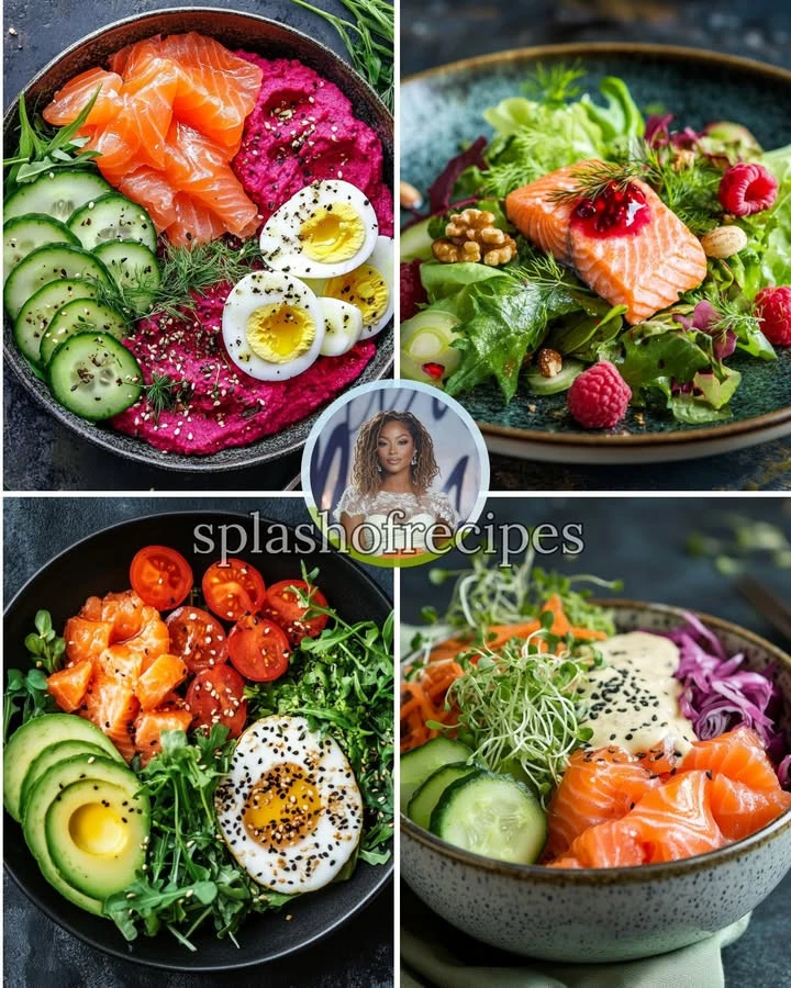 Smoked salmon and beet hummus bowl topped with fresh herbs and seeds.