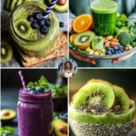 Colorful smoothie toast with fresh fruits and toppings on a wooden table