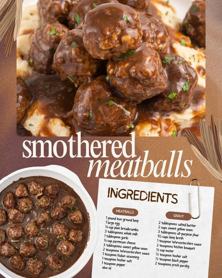 Delicious smothered meatballs with rich sauce served in a dish.