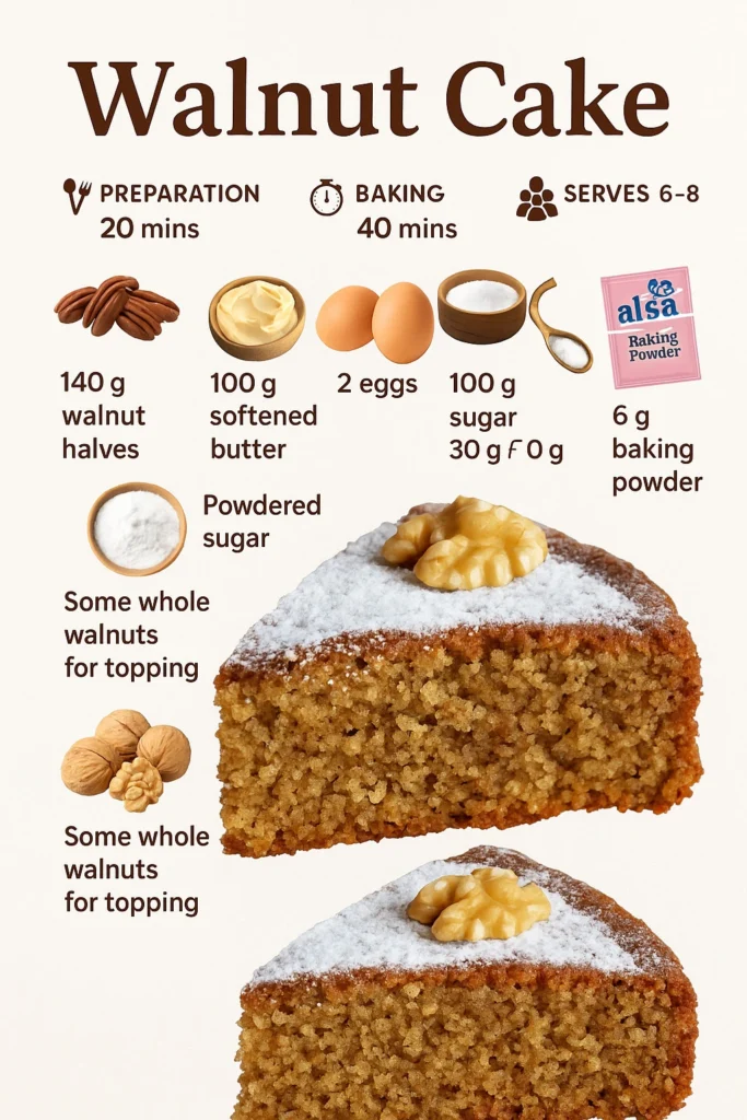 Slice of soft walnut cake on a plate with a fork