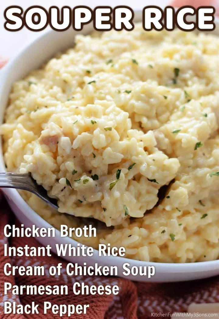 A delicious serving of Souper Rice garnished with fresh herbs and vegetables.
