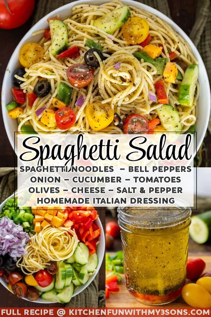 Colorful spaghetti salad with fresh vegetables and dressing served in a bowl