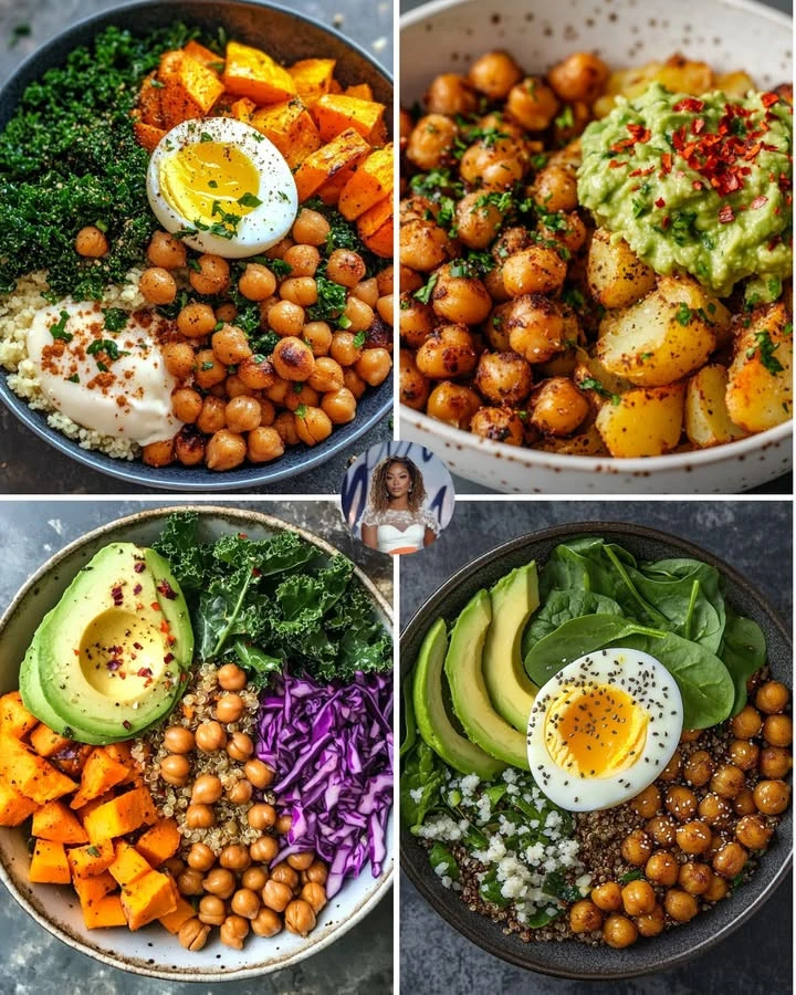 Spiced chickpea and roasted sweet potato bowl served in a colorful dish