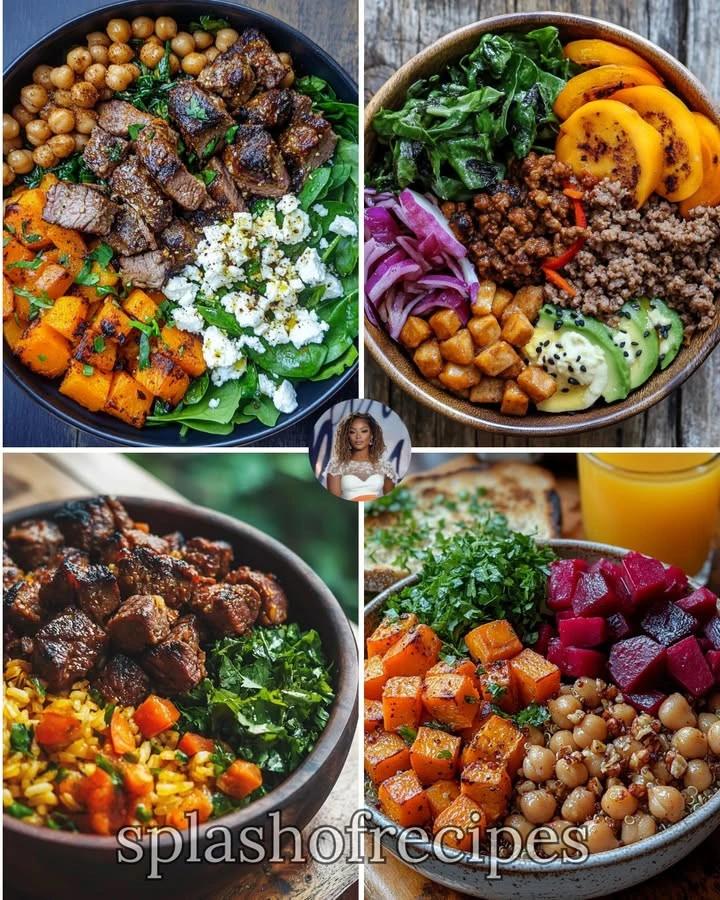 Spiced lamb and roasted chickpea bowl featuring vibrant veggies and spices.