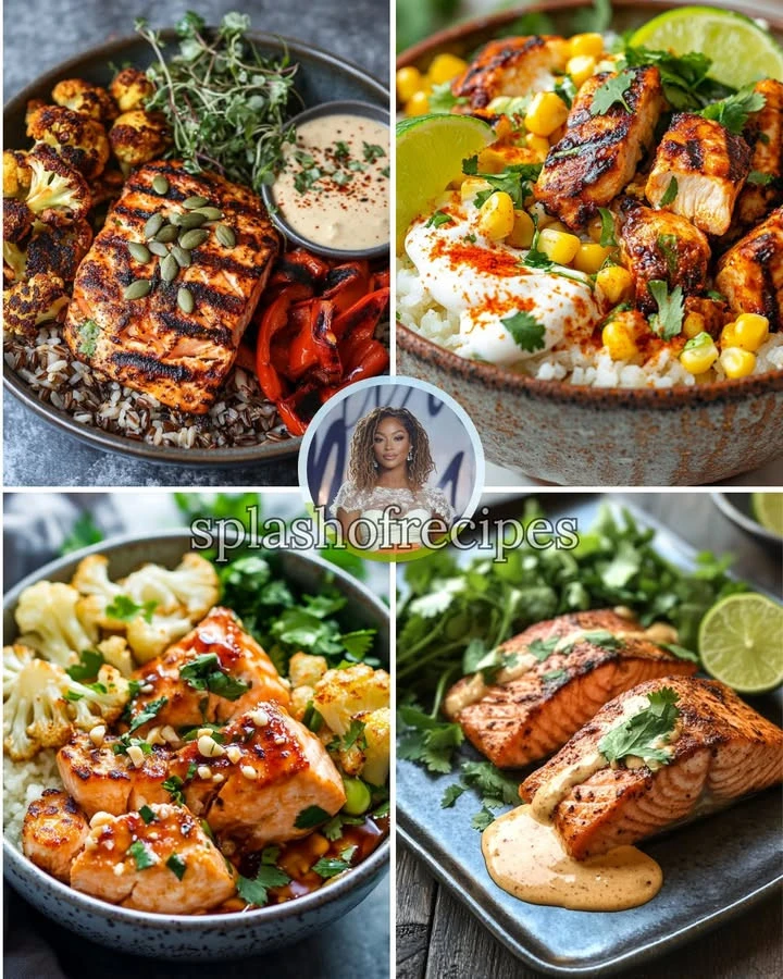 Spiced salmon and roasted cauliflower bowl garnished with herbs