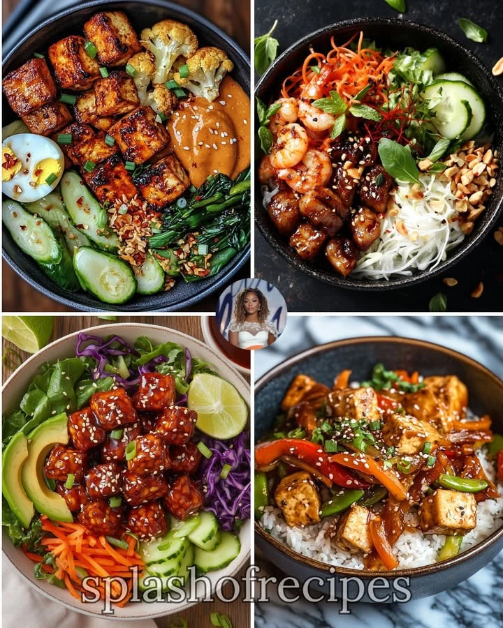 Delicious spicy peanut tofu served with roasted cauliflower in a nourishing bowl.