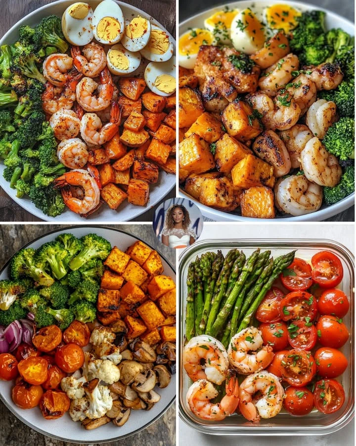 Plate of spicy shrimp with roasted sweet potatoes garnished with herbs.