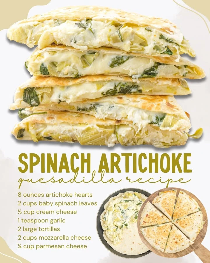 Spinach Artichoke Quesadillas served with dipping sauce on a plate