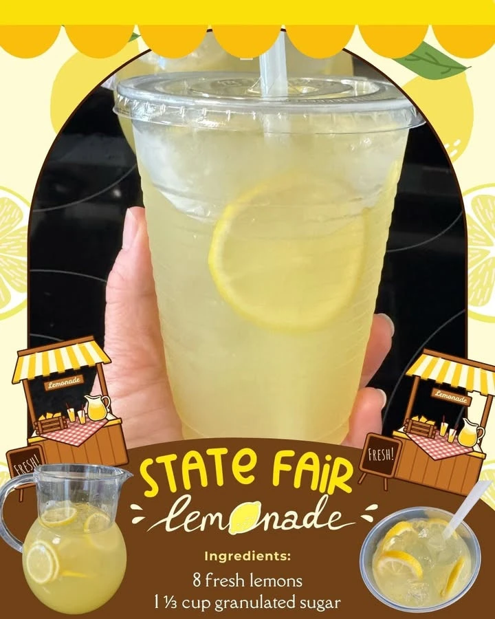 Refreshing State Fair lemonade served in a clear cup with ice and a lemon slice