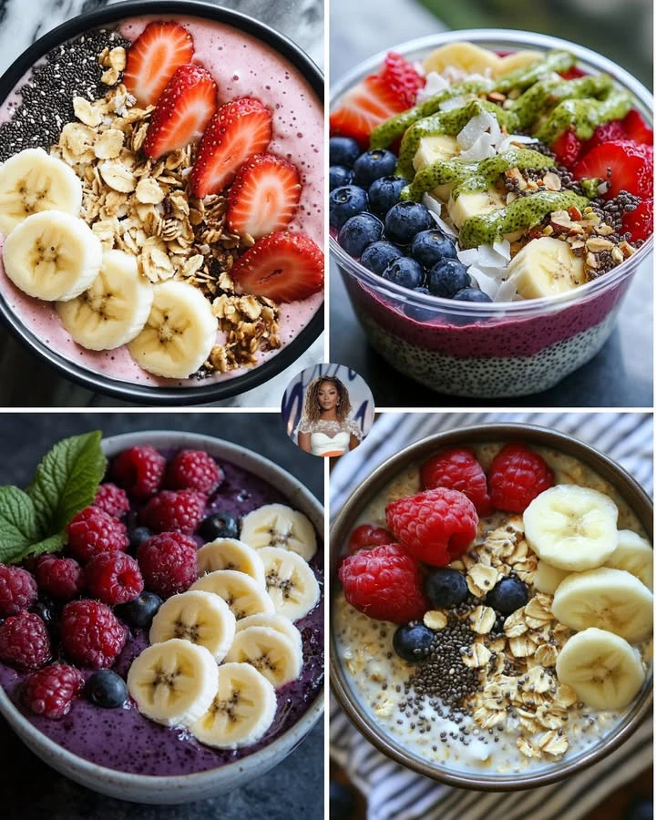 Strawberry Banana Bliss Smoothie Bowl topped with fresh fruits and granola
