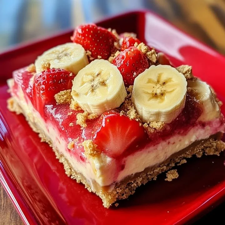 Strawberry banana cheesecake bars served on a plate
