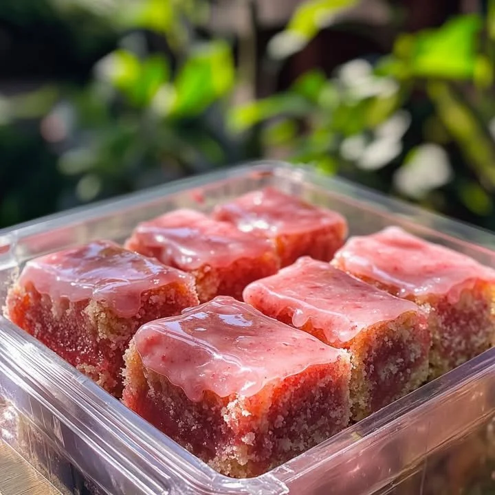 Delicious Strawberry Cake Honeybun Bars with fresh strawberries and frosting