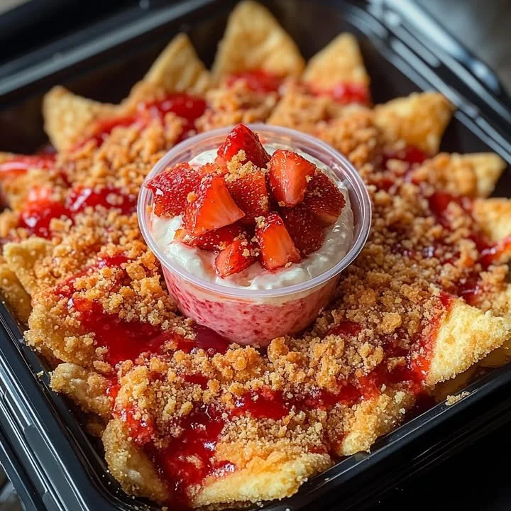 Delicious strawberry cheesecake nachos topped with fresh strawberries and cream.