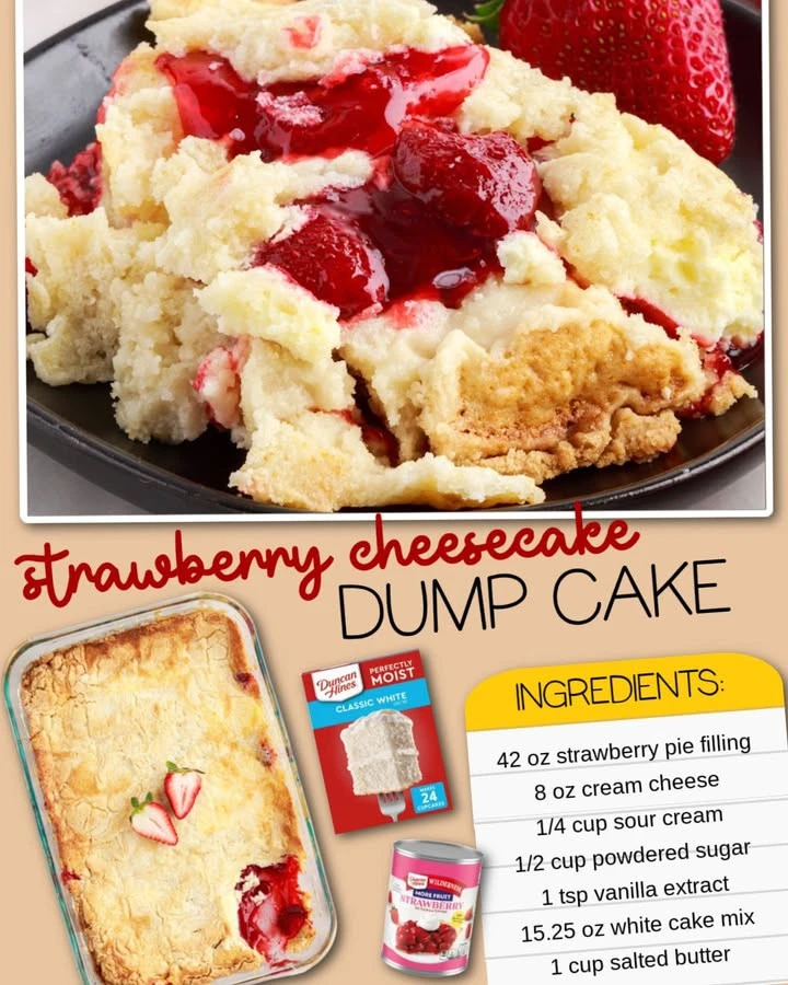 A slice of Strawberry Cheesecake Dump Cake topped with fresh strawberries.