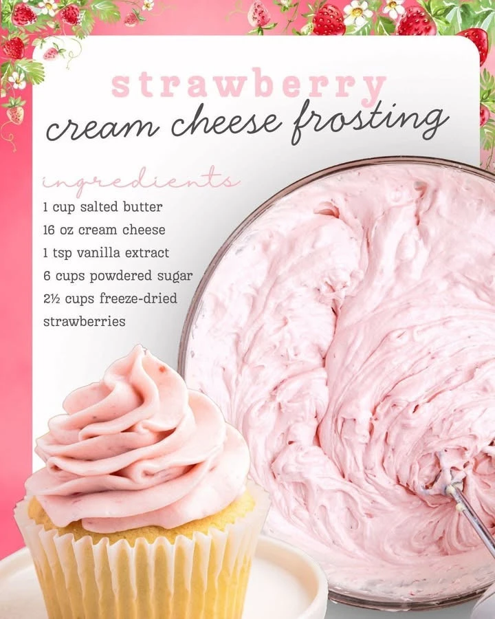 Delicious Strawberry Cream Cheese Frosting on a vanilla cake