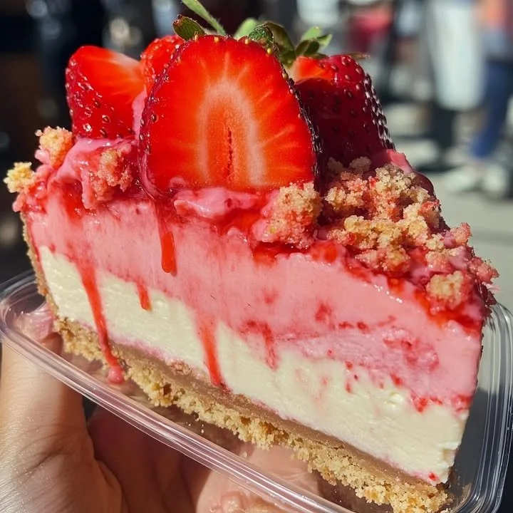 Delicious strawberry crunch cheesecake with layers of strawberries and crunchy topping.