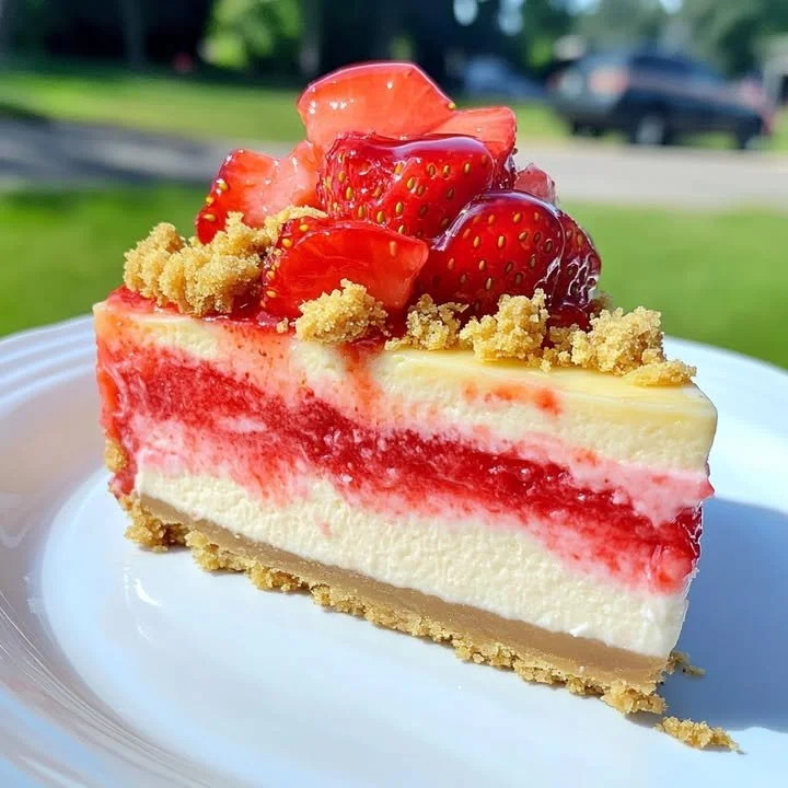 Delicious Strawberry Crunch Cheesecake with a creamy layer and crunchy topping.