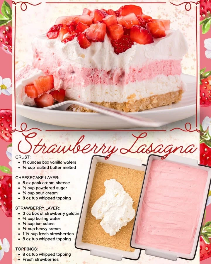 Layered Strawberry Lasagna dessert with fresh strawberries and cream cheese filling
