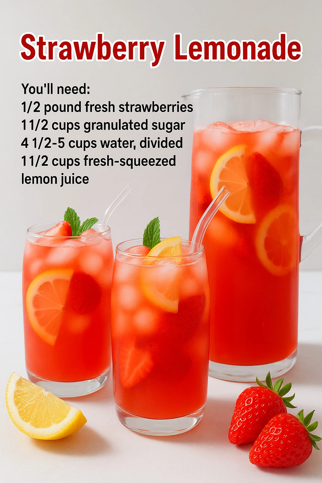 Refreshing strawberry lemonade drink with fresh strawberries and lemon slices.