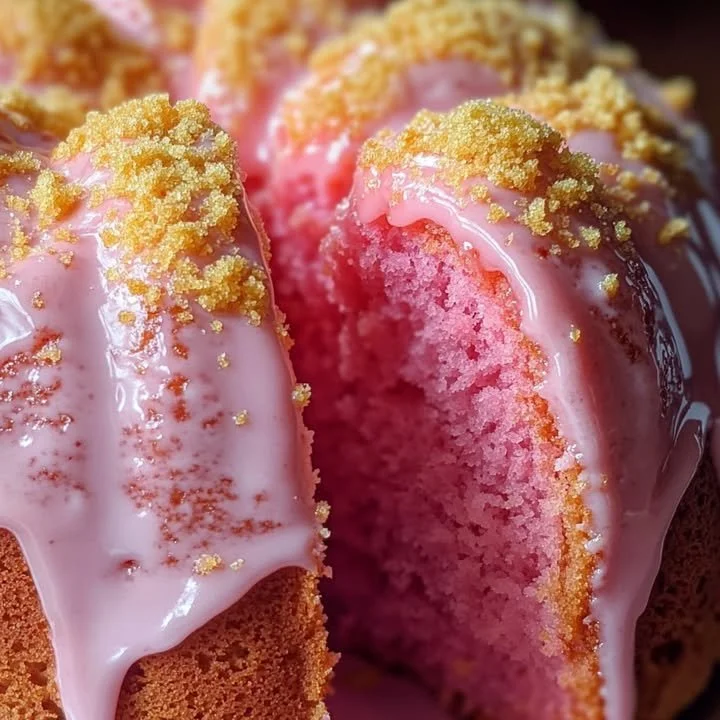 Delicious Strawberry Pink Bundt Cake topped with fresh strawberries and icing.