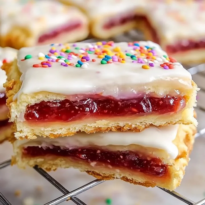 Homemade Strawberry Pop Tart Bars topped with icing and fresh strawberries