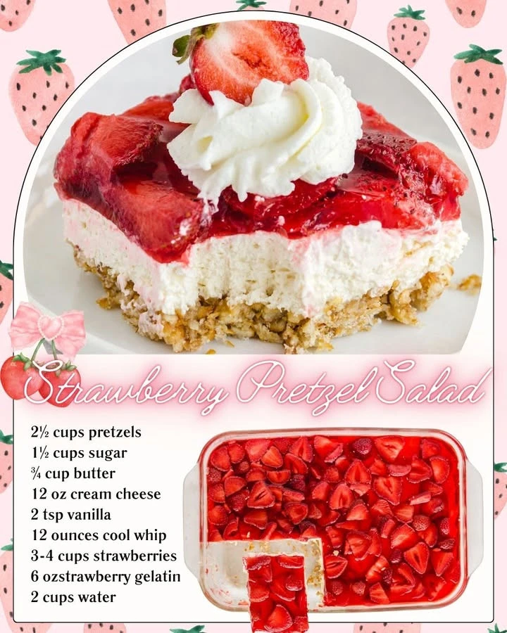 Delicious Strawberry Pretzel Salad with fresh strawberries and crunchy crust
