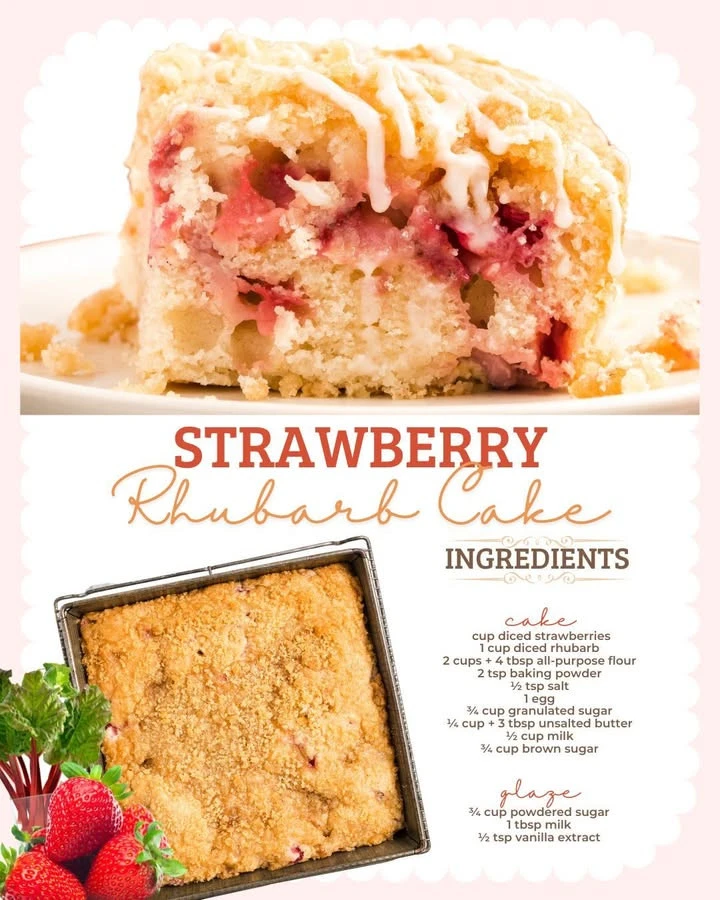 Deliciously moist Strawberry Rhubarb Cake topped with fresh strawberries and rhubarb slices