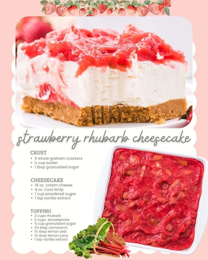 Slice of Strawberry Rhubarb Cheesecake topped with fresh strawberries