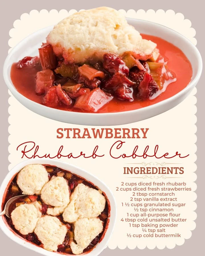 Delicious Strawberry Rhubarb Cobbler served in a baking dish with fresh strawberries and rhubarb.