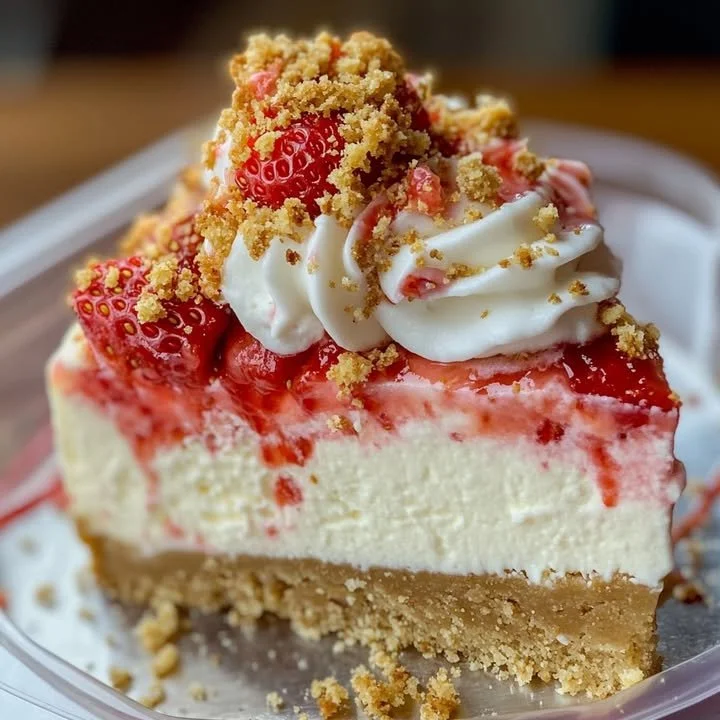 Strawberry Shortcake Cheesecake topped with fresh strawberries and whipped cream