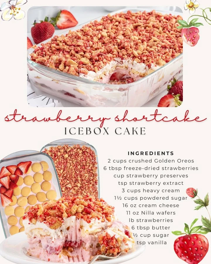 Delicious Strawberry Shortcake Icebox Cake topped with fresh strawberries