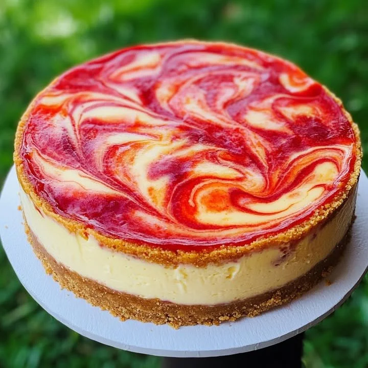 Delicious strawberry swirl cheesecake with fresh strawberries and cream