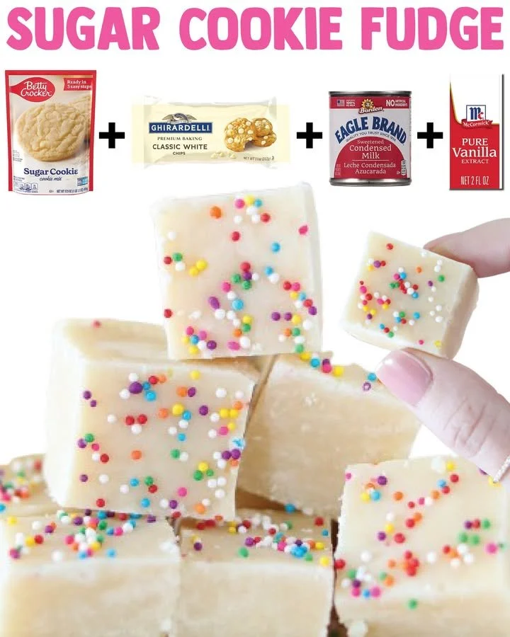 Delicious homemade sugar cookie fudge topped with festive sprinkles.