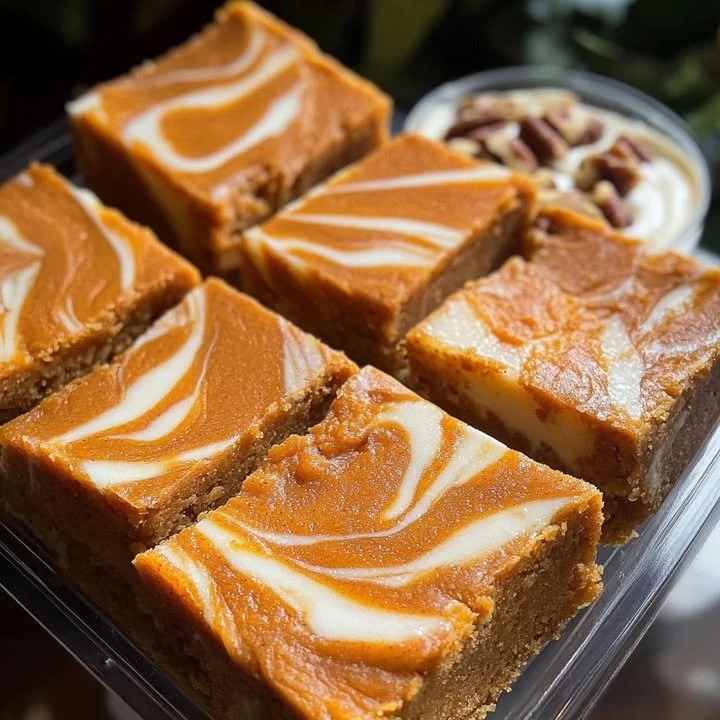 Delicious slice of sweet potato cheesecake brownies topped with a creamy layer