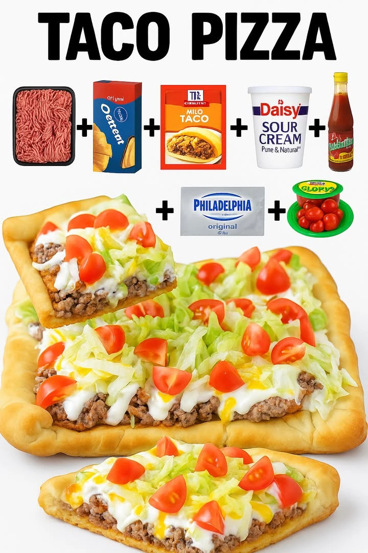 Delicious Taco Pizza topped with ground beef, cheese, lettuce, and salsa