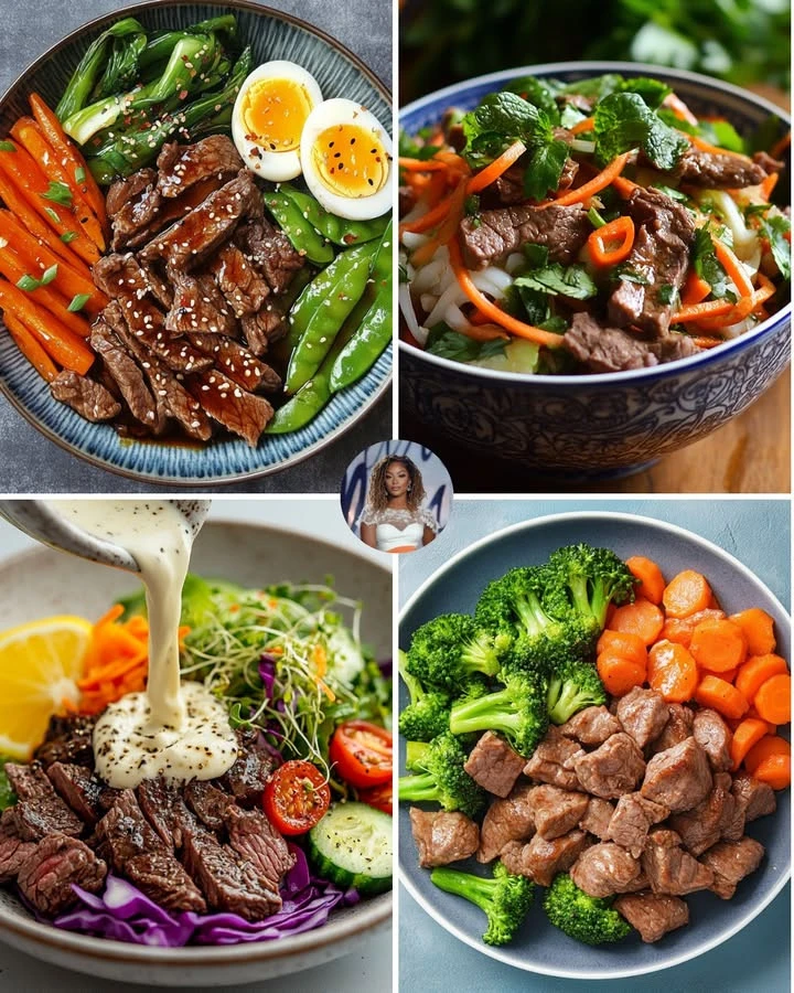Plate of teriyaki beef served with roasted carrots