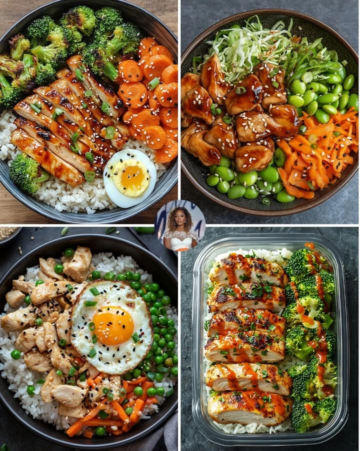 Teriyaki chicken and roasted veggies served in a bowl with garnishes