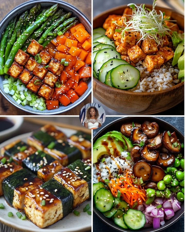 Teriyaki tofu bowl with roasted carrots and colorful vegetables.