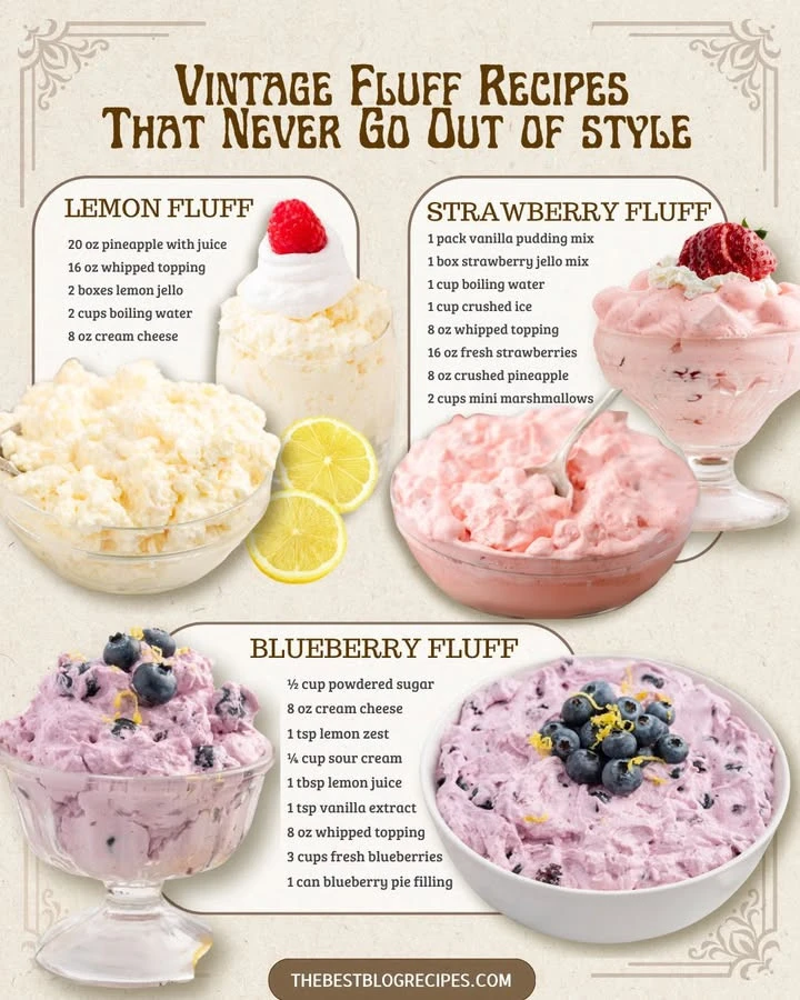 Three colorful and delicious fruity fluffs ready to be enjoyed.