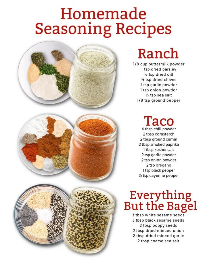 Three homemade seasoning recipes for enhancing flavors in cooking.